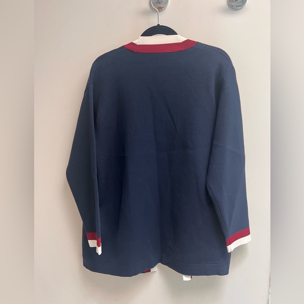 SANDRO PARIS Womenโs Navy Anouchica Open-Front Collegiate-Style Cardigan - Large - Picture 9 of 11